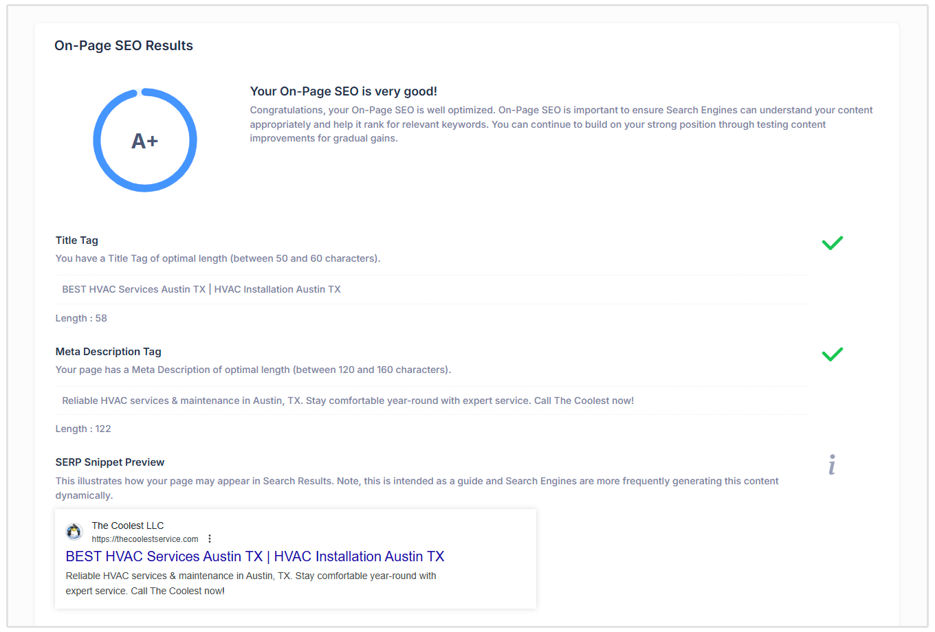 On page SEO results